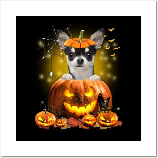 Black Chihuahua Spooky Halloween Pumpkin Dog Head Posters and Art